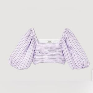 Sandro Lilac Striped Linen-Blend Puff Sleeve Cropped Top – Size Small